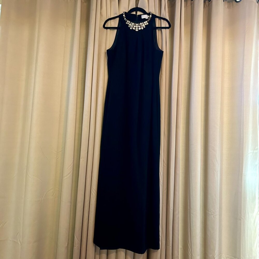 TAHARI RHINESTONE HIGH NECK LONG BLACK GOWN SZ 12